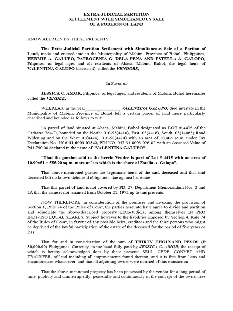 Extra-Judicial Land Partition and Sale | PDF | Civil Law (Legal System ...