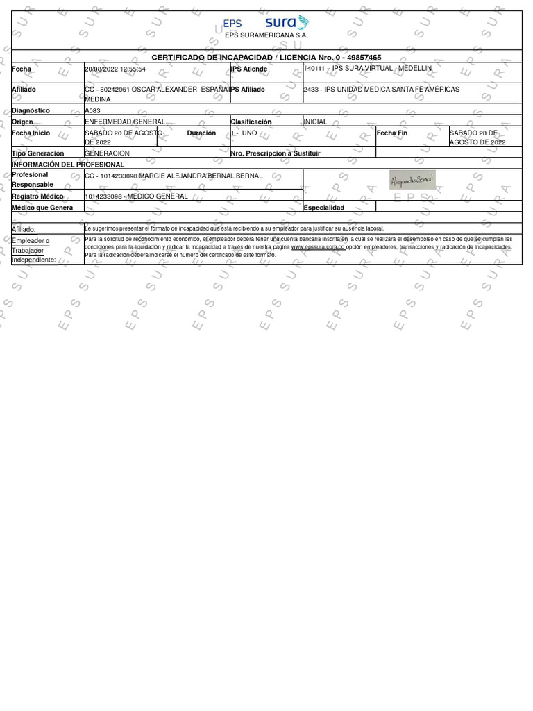 Certificado de Incapacidad EPS Sura | PDF