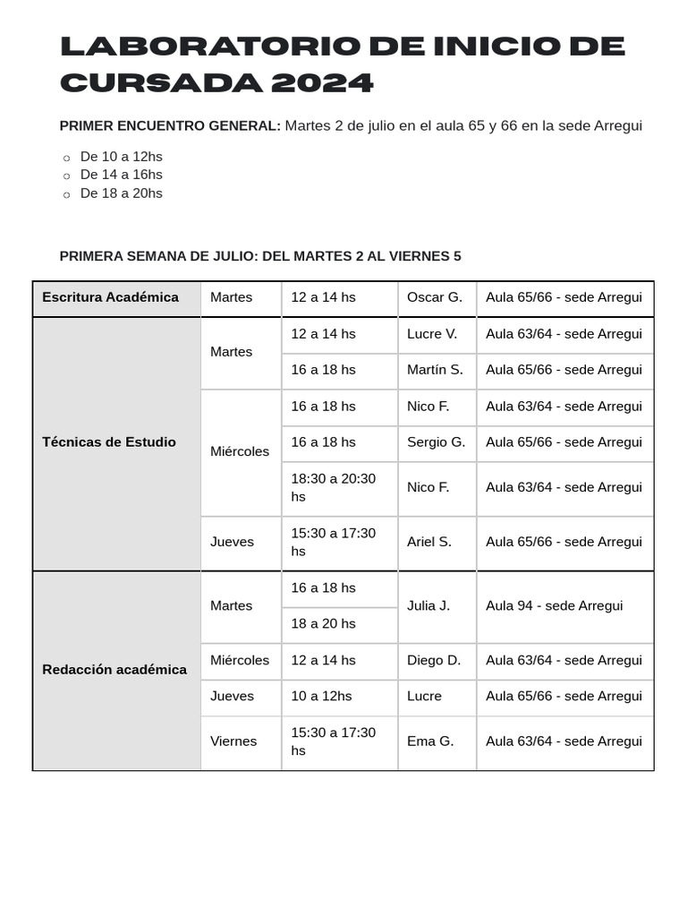 Horarios Cursos Julio 2024 Sede Arregui | PDF | Artes del Lenguaje y ...