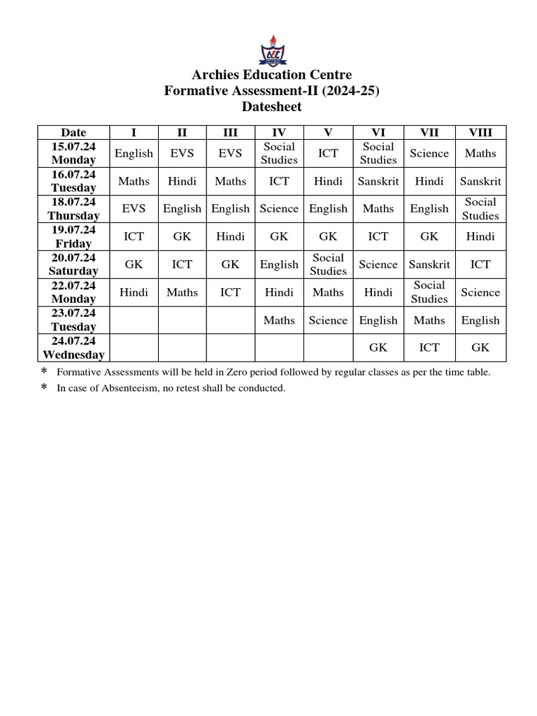 Archies Education Centre 2024-25 Datesheet | PDF