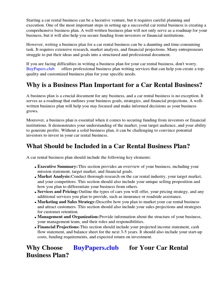 Car Rental Business Plan Sample Download Free PDF Business Plan