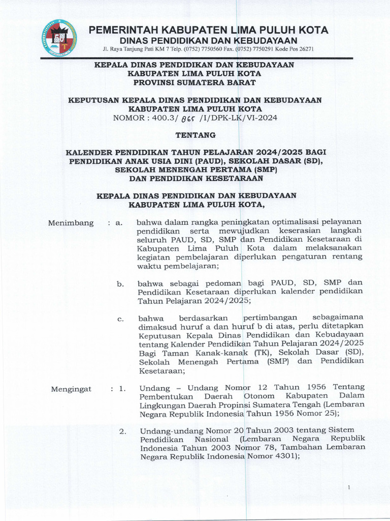 SK Kalender Pendidikan 2024 2025 | PDF