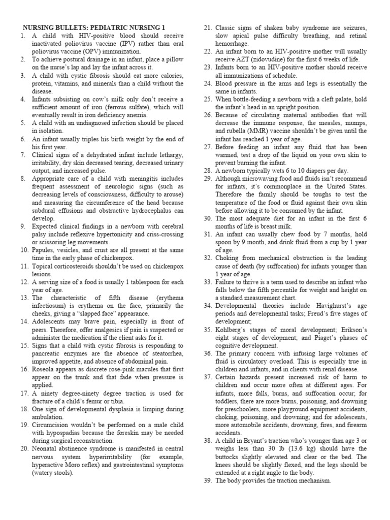 Pediatric Nursing 1 Bullets | PDF | Vaccines | Infants
