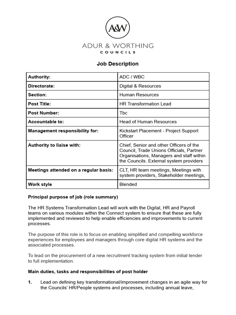 Hr Transformation Lead Jd Pdf Recruitment Human Resources