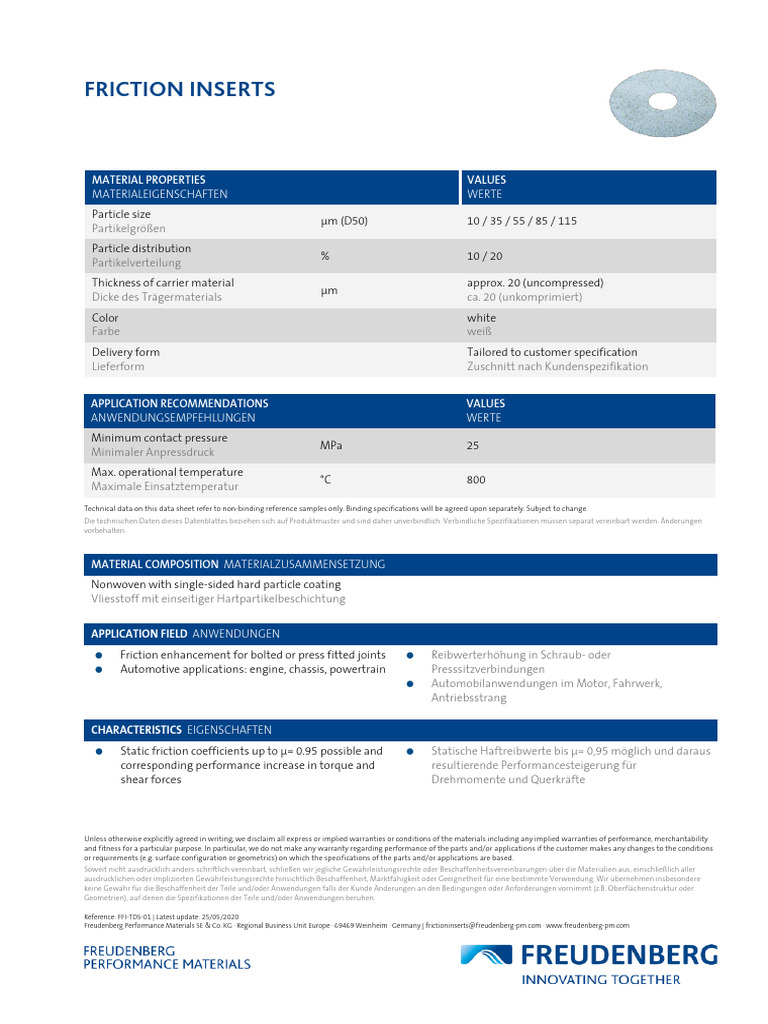 Friction Inserts Technical Data Sheet EN-DE | PDF