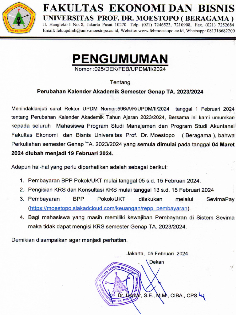 025-II-2024 Pengumuman Perubahan Kalender Akademik Sem. Genap TA 2023