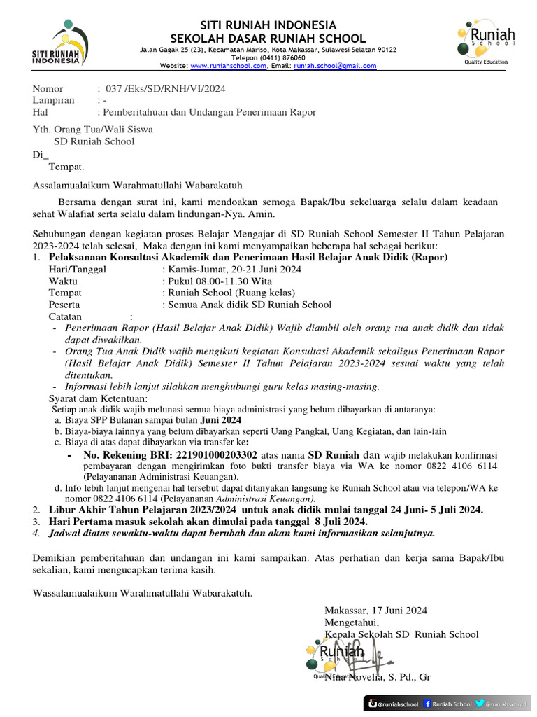 Surat Pemberitahuan Penerimaan Rapor Dan Libur 2024 | PDF