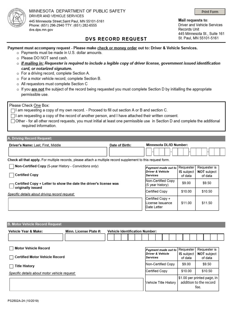 Minnesota Driving Record Request Form | PDF | Driver's License ...