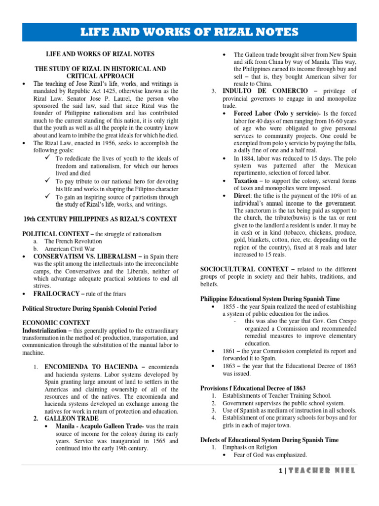 Rizal's Life and Works Overview | PDF | Philippines | Manila