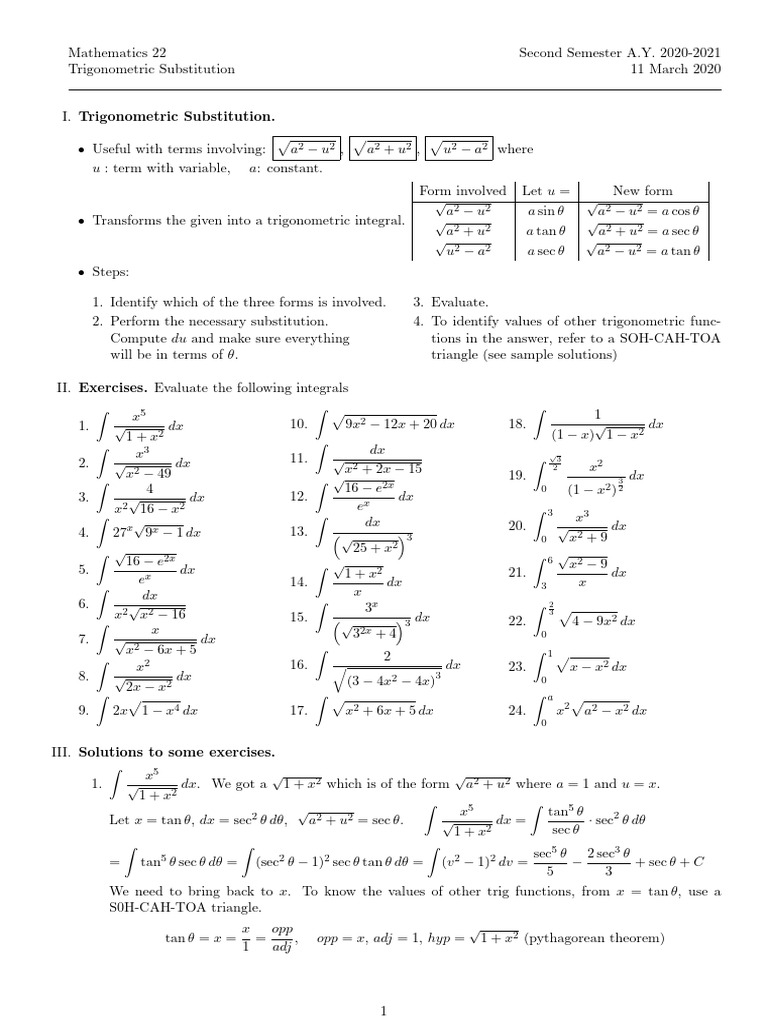 Trigonometric Substitution Guide | PDF | Trigonometry | Complex Analysis