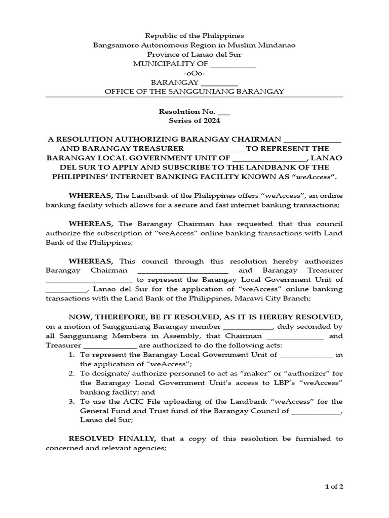 Barangay Resolution for weAccess Banking | PDF | Service Industries