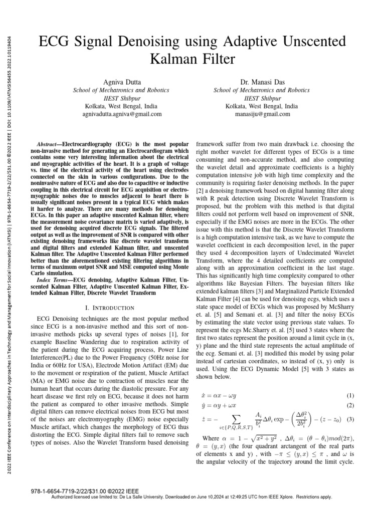 ECG Signal Denoising Using Adaptive Unscented Kalman Filter | PDF ...