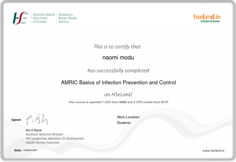 Certificate for Infection Control Course | PDF