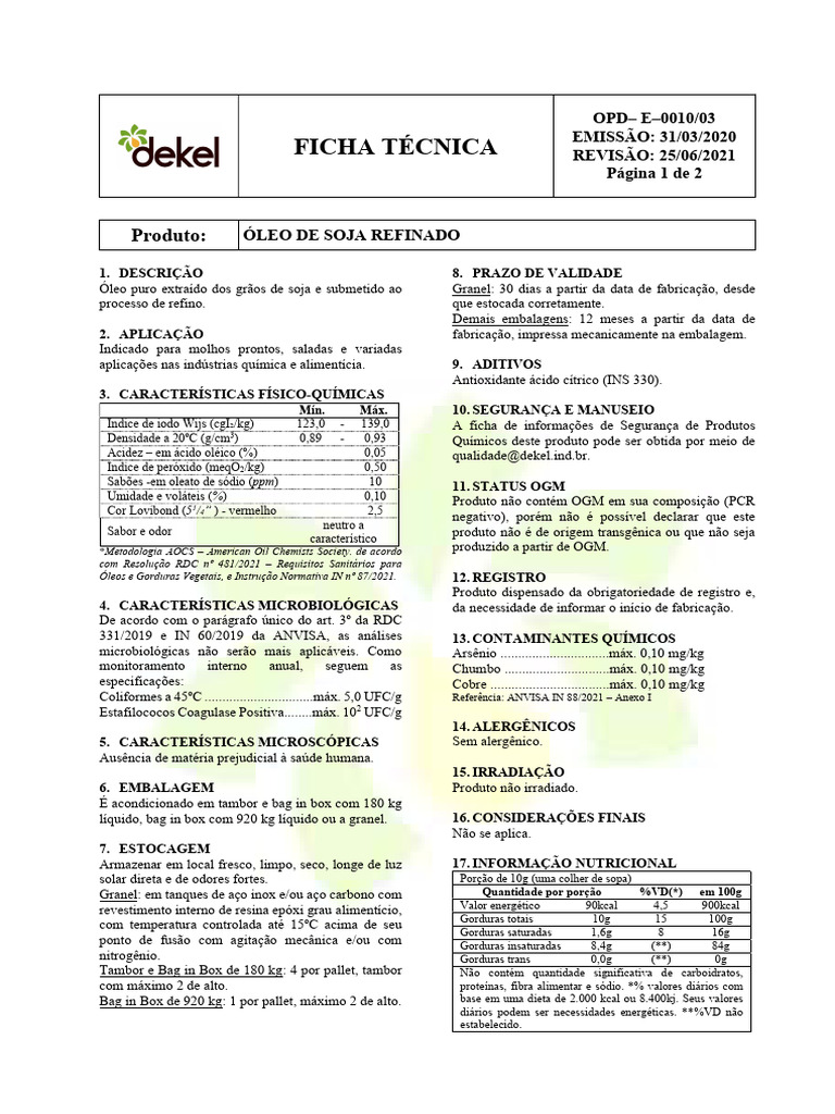 Ficha Técnica do Óleo de Soja Refinado | PDF | Soja | Química