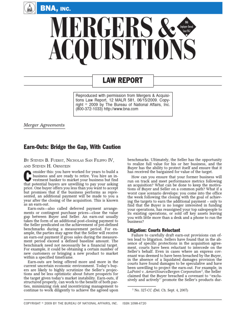 Earn Outs Bridge The Gap With Caution 2009 Pdf Sales Mergers