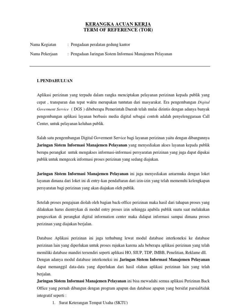 Contoh Term of Reference (TOR) Perizinan | PDF | Bisnis | Komputer