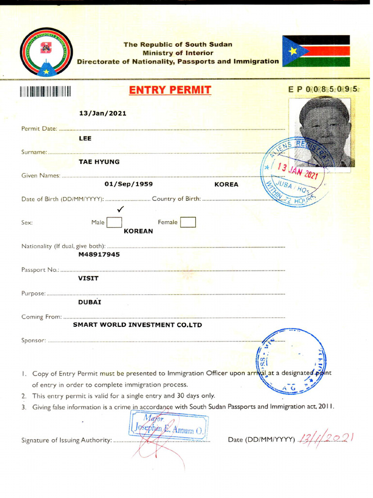 Entry Permit - Domic Document (South Sudan) | PDF