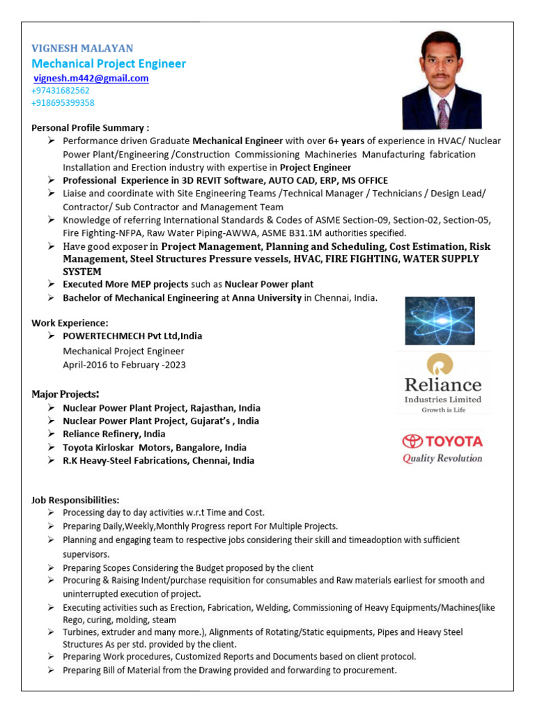 Mechanical Project Engineer Profile | PDF | Engineering | Pipe (Fluid ...