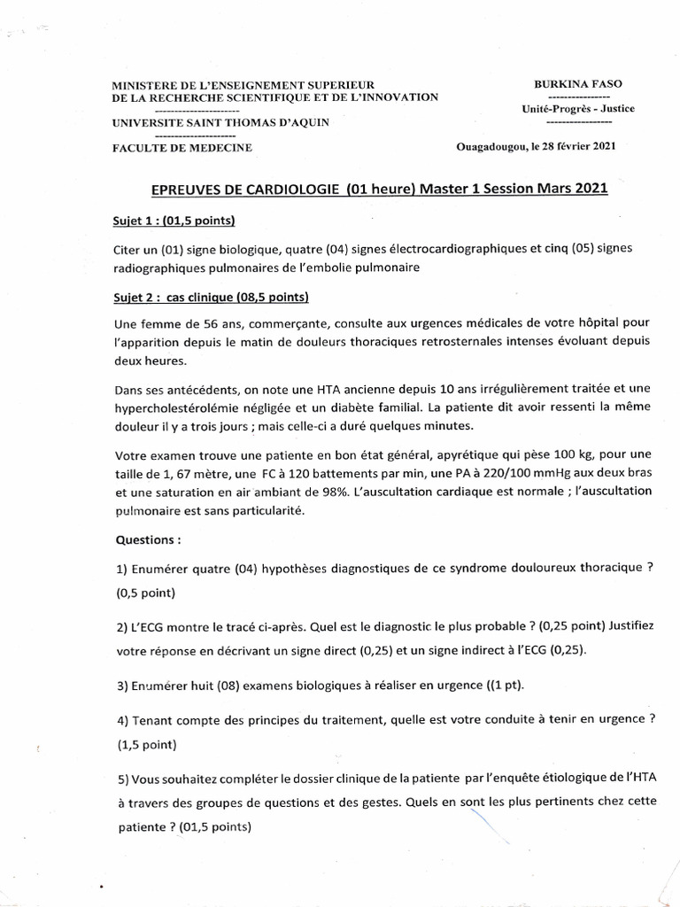 Épreuves de Cardiologie : Cas Clinique et Diagnostics | PDF ...