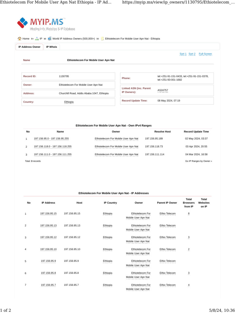 Ethiotelecom For Mobile User Apn Nat Ethiopia - IP Addresses Owners ...