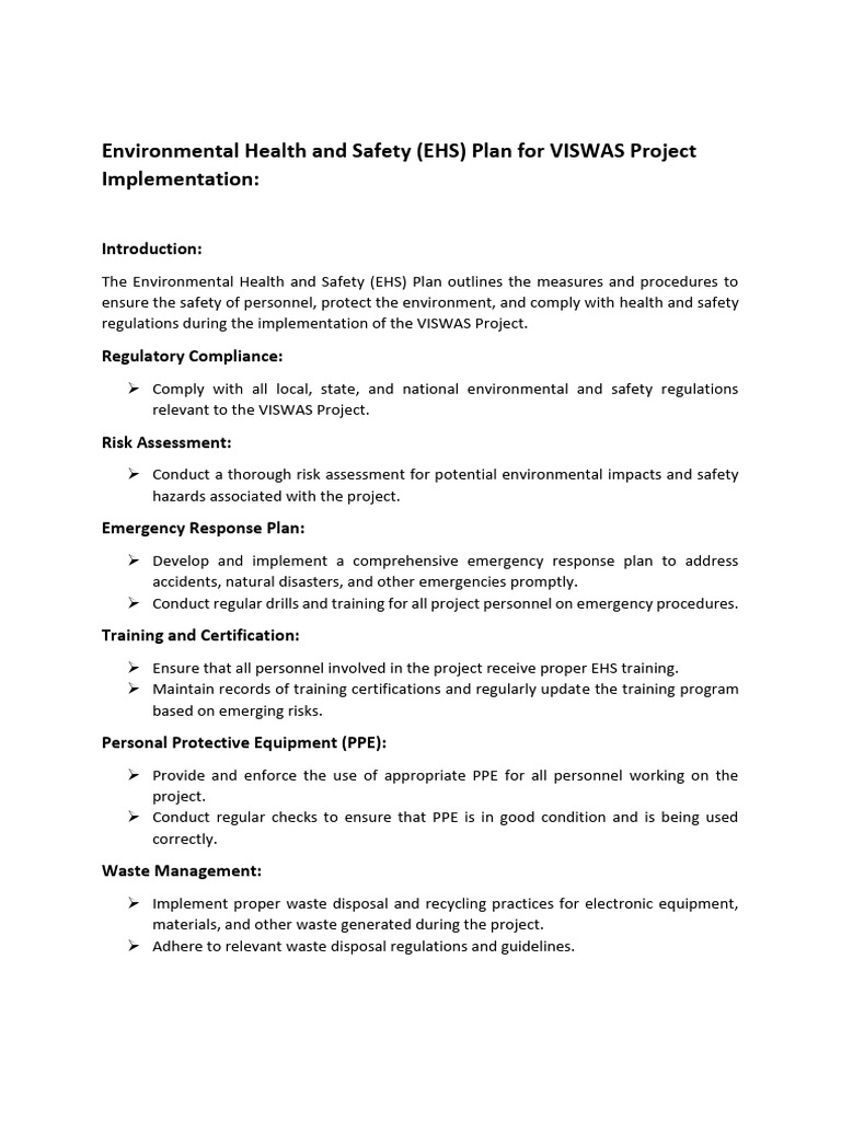 EHS Plan for VISWAS Project Implementation | PDF | Occupational Safety ...