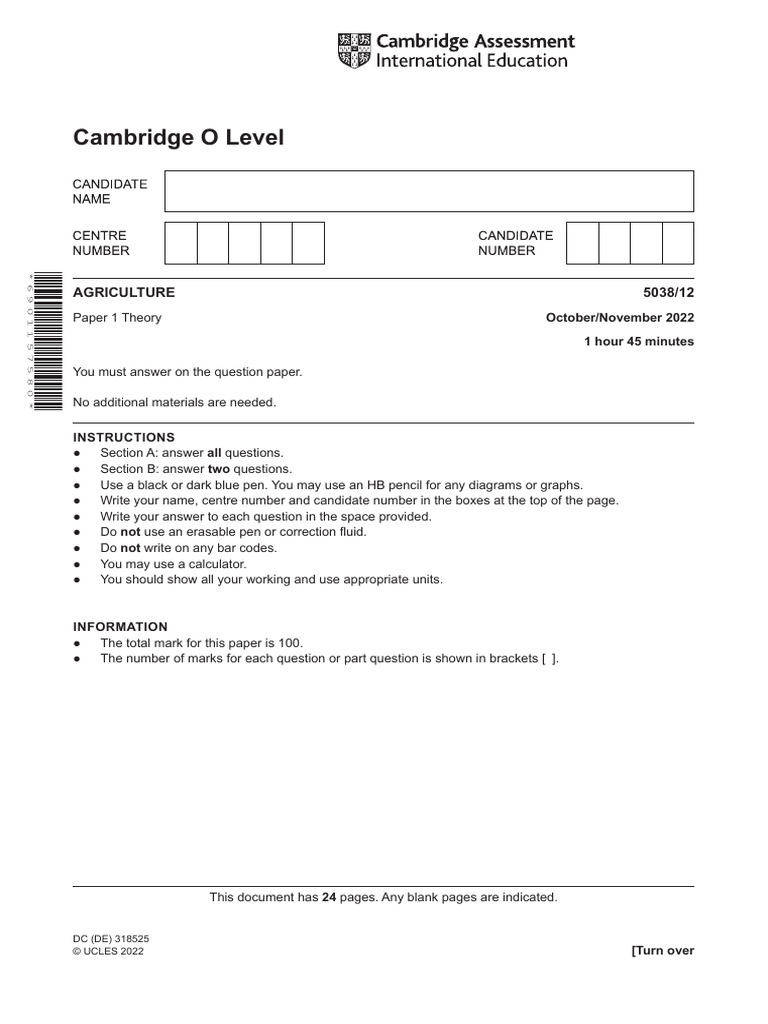 O Level Agriculture Exam Paper | PDF | Plant Nutrition | Soil
