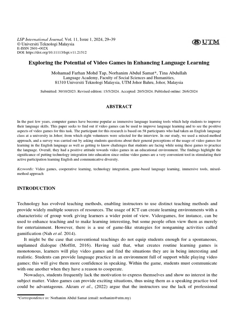 Video Games for Language Learning | PDF | Learning | Video Games