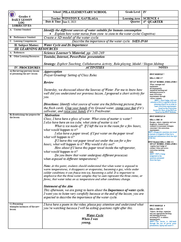 Water Cycle Lesson Plan for Grade 4 | PDF | Educational Assessment ...