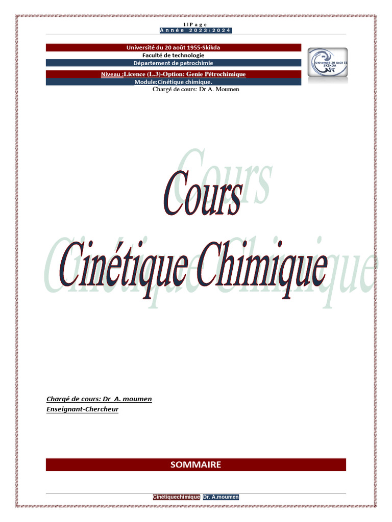 Cinétique Chimique Vitesse des Réactions PDF Cinétique chimique — free download