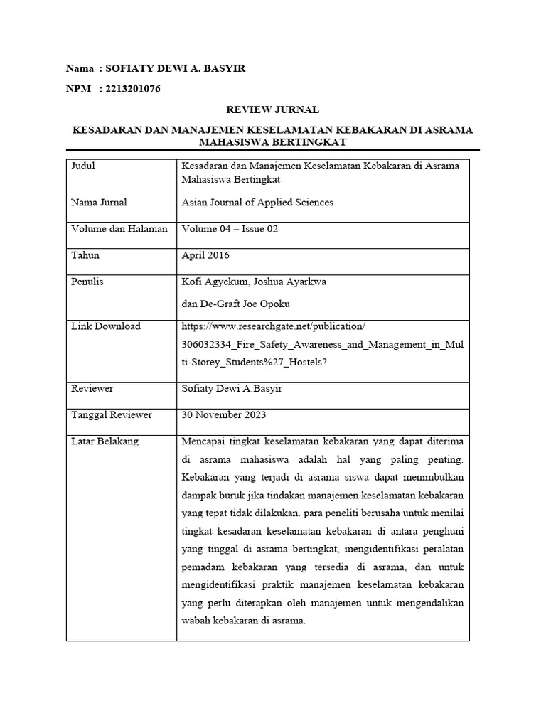 Sofiaty dewi a basyir tugas audit dan inspeksi k3 review jurnal pdf