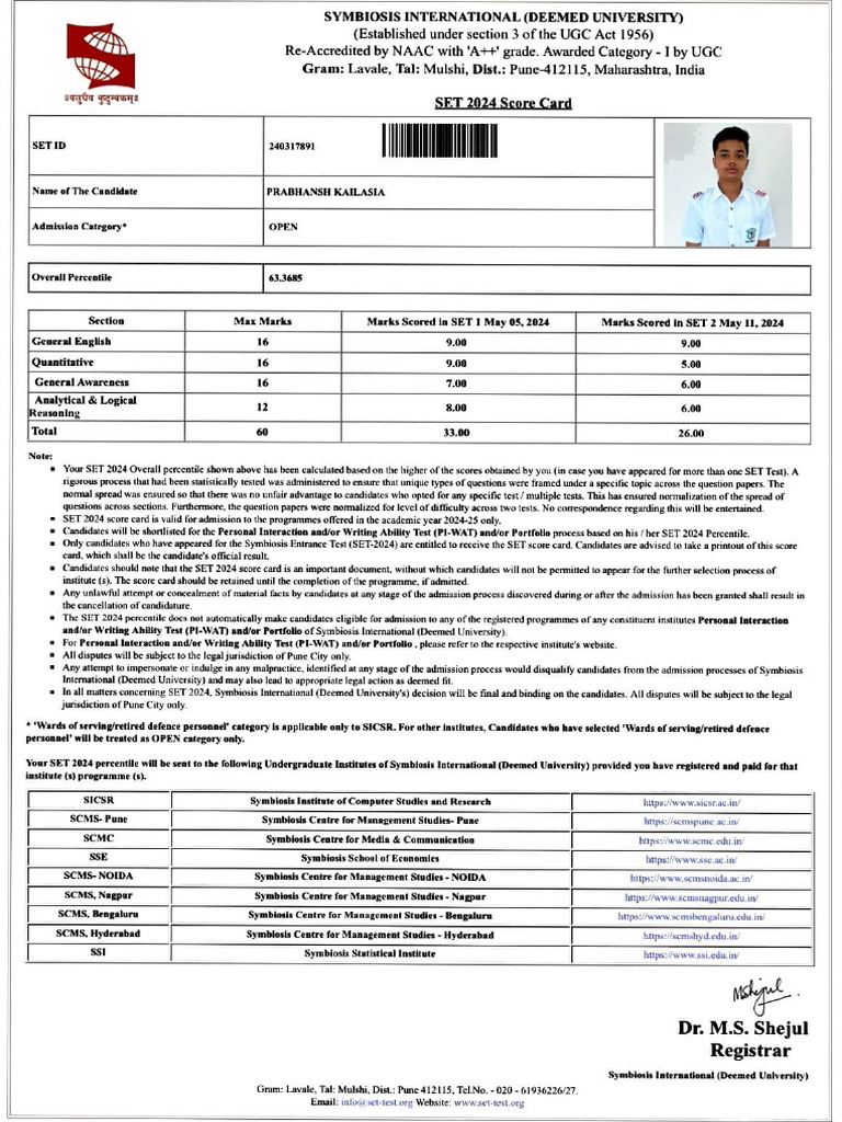 SET 2024 Score Card Information | PDF