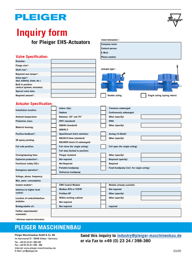 EHS Inquiry Form for Pleiger Actuators | PDF | Valve | Electricity
