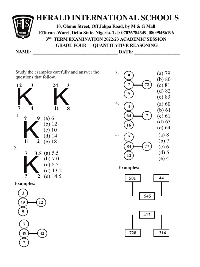 Grade 4 Quantitative Reasoning Exam | PDF
