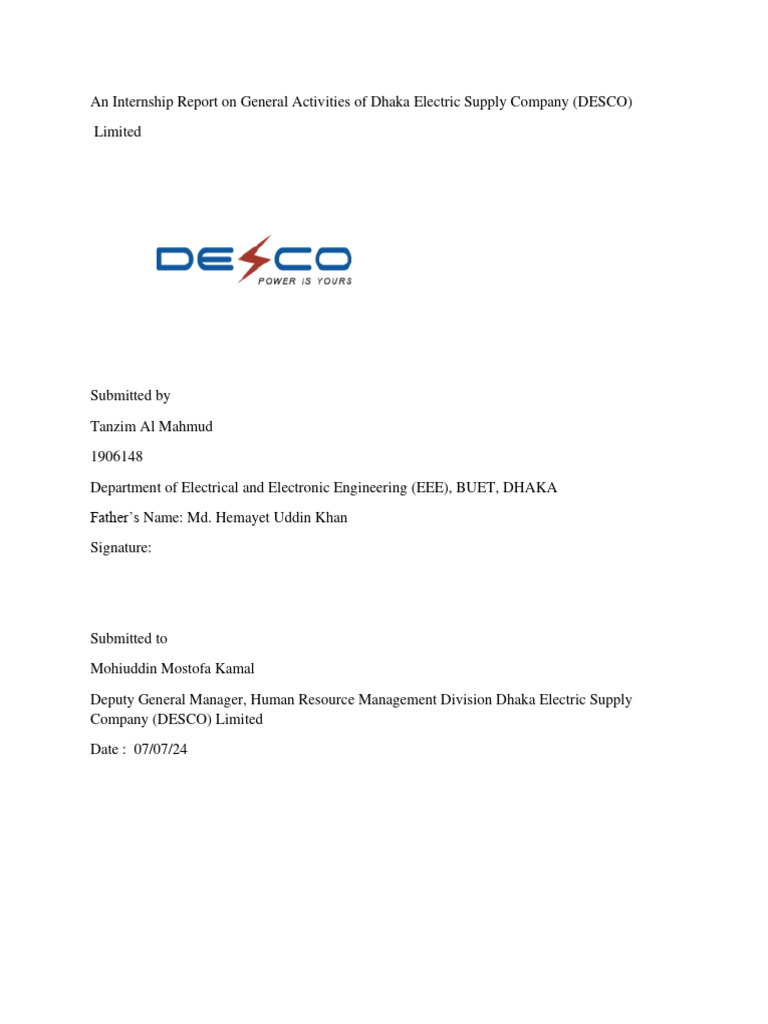 DESCO Internship Report Overview | PDF | Electrical Substation ...