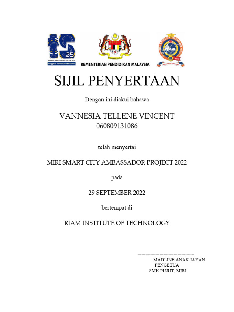 Sijil Penyertaan Miri Smart City All | PDF