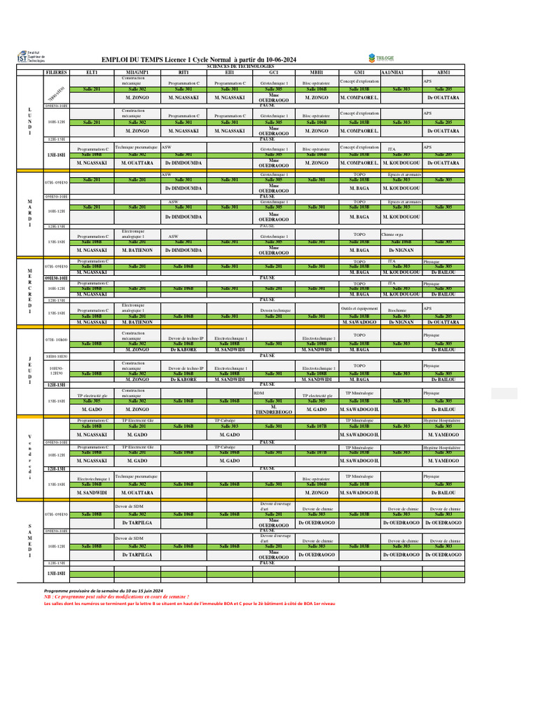 Emploi du temps Licence 1 2024 | PDF | Sciences physiques