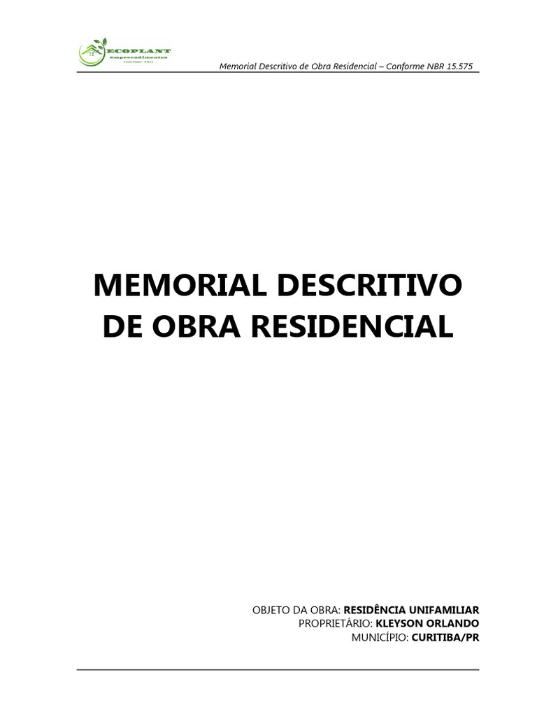 Memorial Descritivo Residencial - Ecoplant | PDF | Argamassa (alvenaria ...