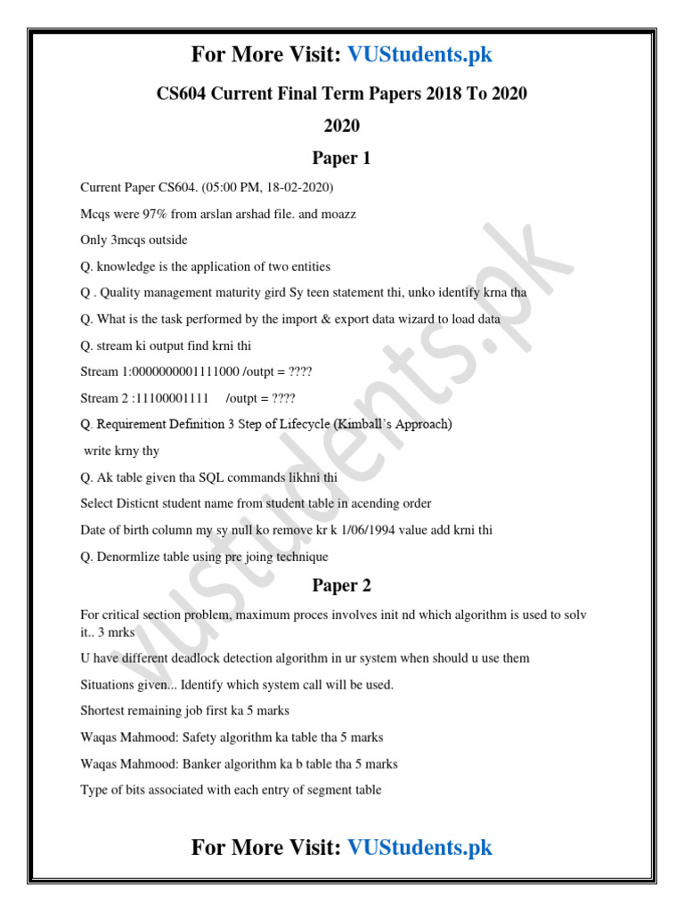 CS604 Current Final Term Papers 2018 To 2020 | PDF | Computing ...