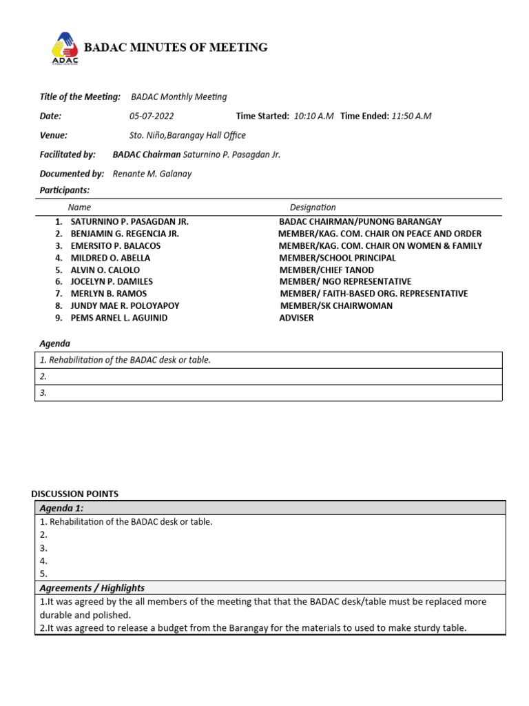 Badac minutes of meeting 6 pdf