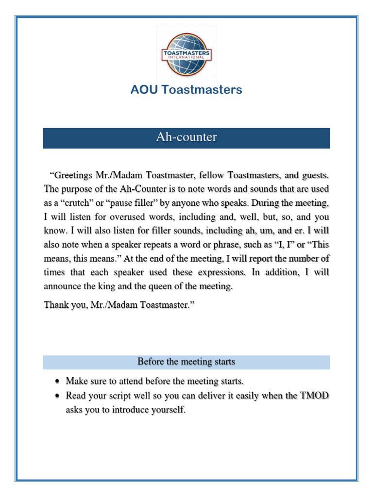 Ah-Counter Role Script for Toastmasters | PDF | Language Arts & Discipline