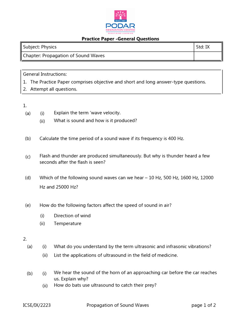 IX Physics Practice Paper: Sound Waves | PDF