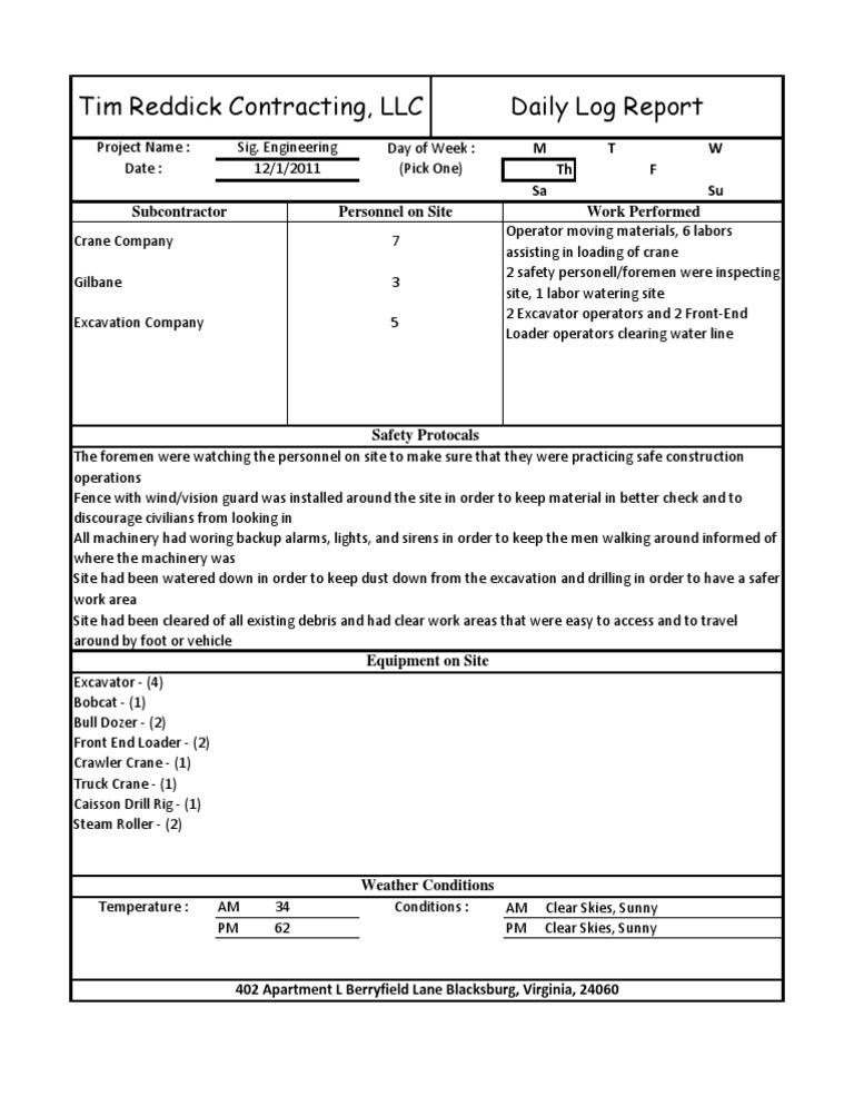 Reddick Construction Daily Log Report | PDF