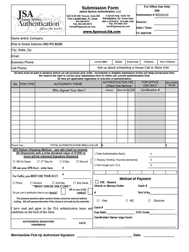 JSA Authentication Submission Form | PDF | Indemnity | Implied Warranty