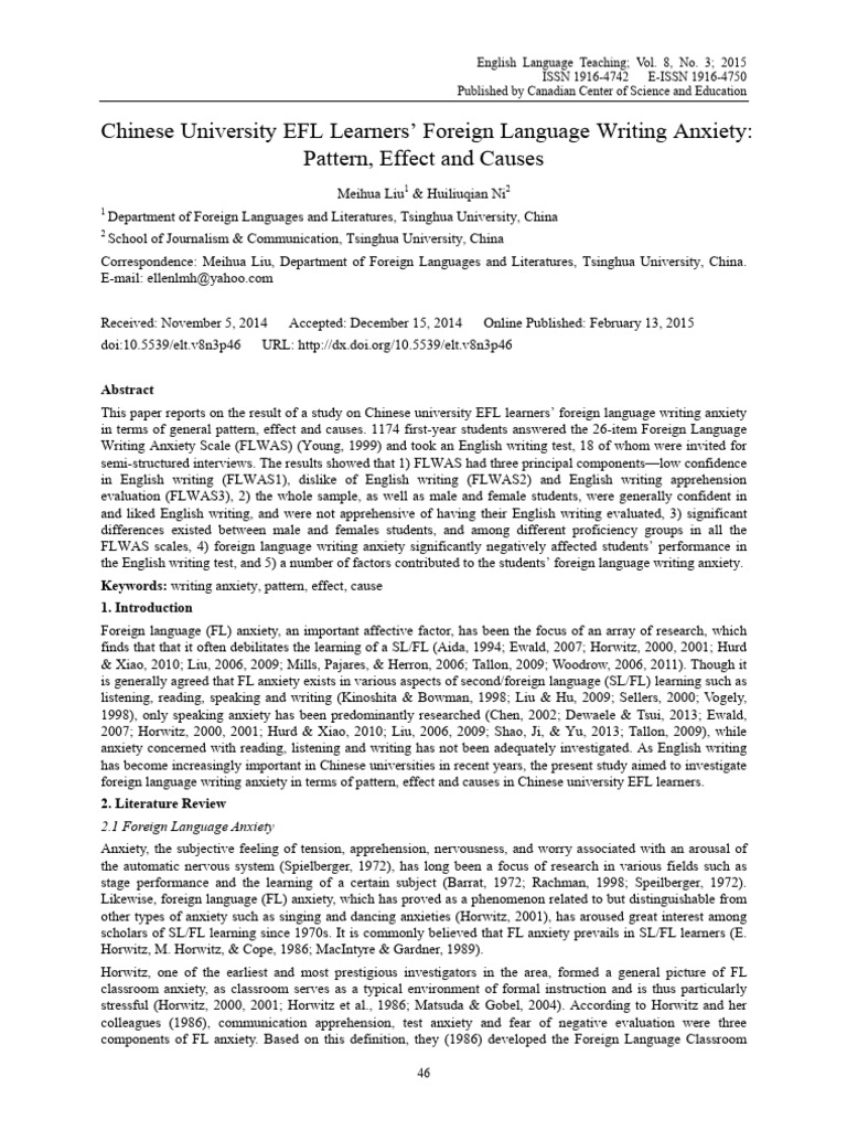 EFL Writing Anxiety in Chinese Students | PDF | Self Efficacy | Anxiety