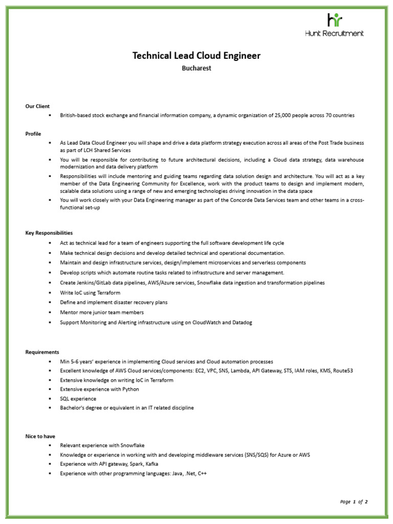 JD Technical Lead Cloud Engineer | PDF | Cloud Computing | Amazon Web ...