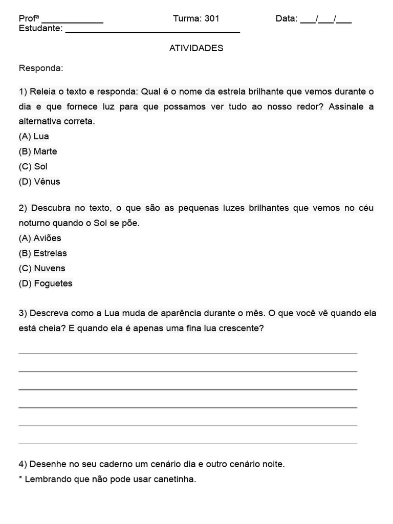 Atividade de ci ncias observando o c u 3 ano pdf