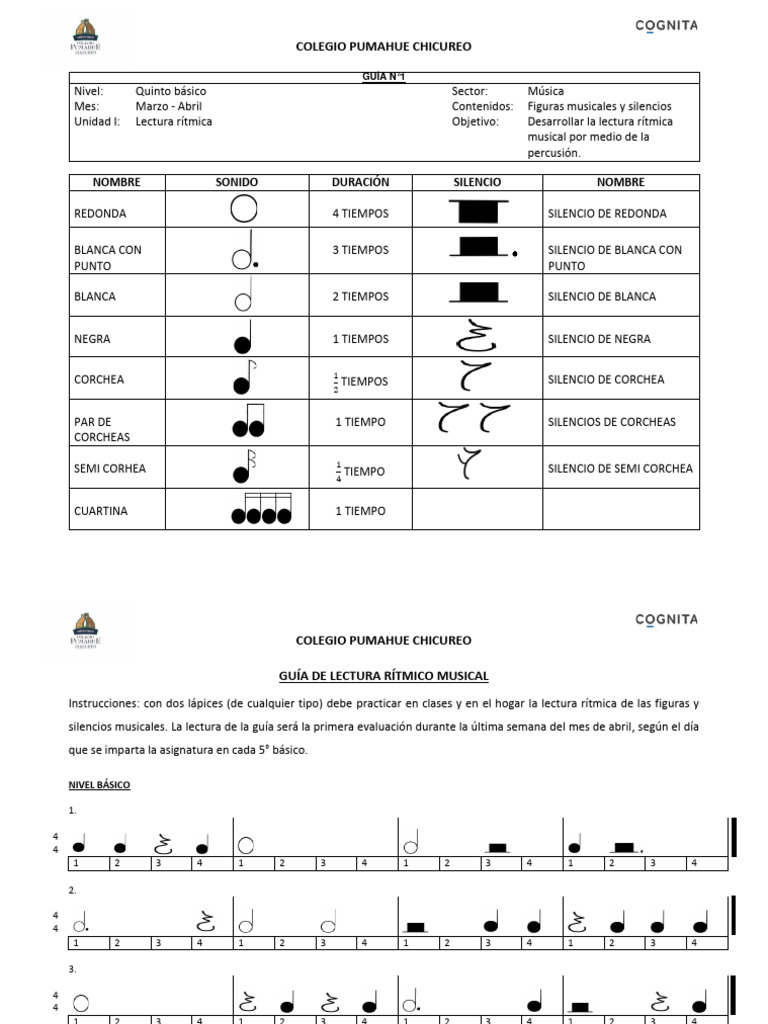 Guía de Lectura Rítmica Musical 5° Básico | PDF | Ritmo | Teoría musical