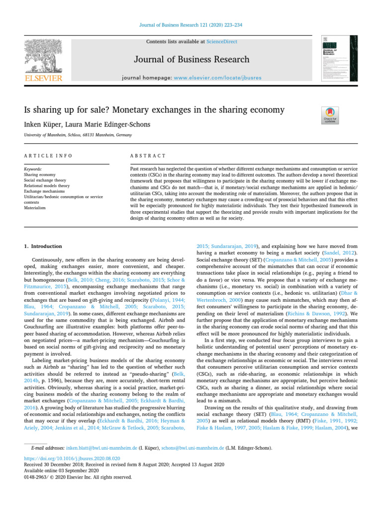 Is Sharing Up For Sale Monetary Exchanges in The - 2020 - Journal of ...