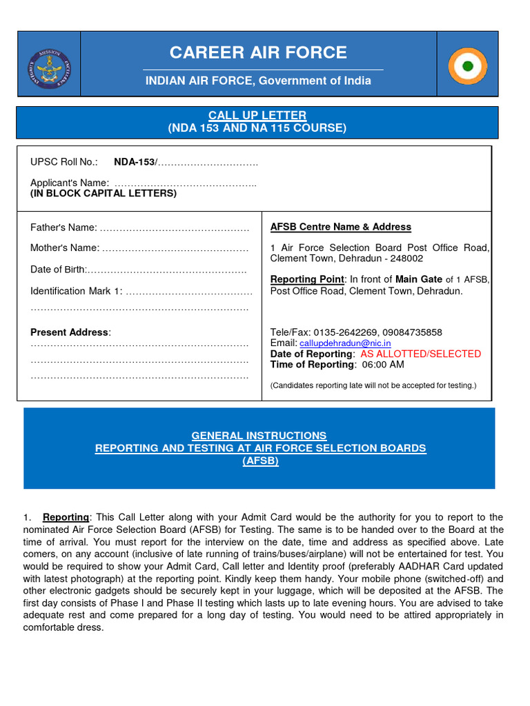 NDA 153 Call Up Letter Instructions | PDF | Identity Document | Clothing