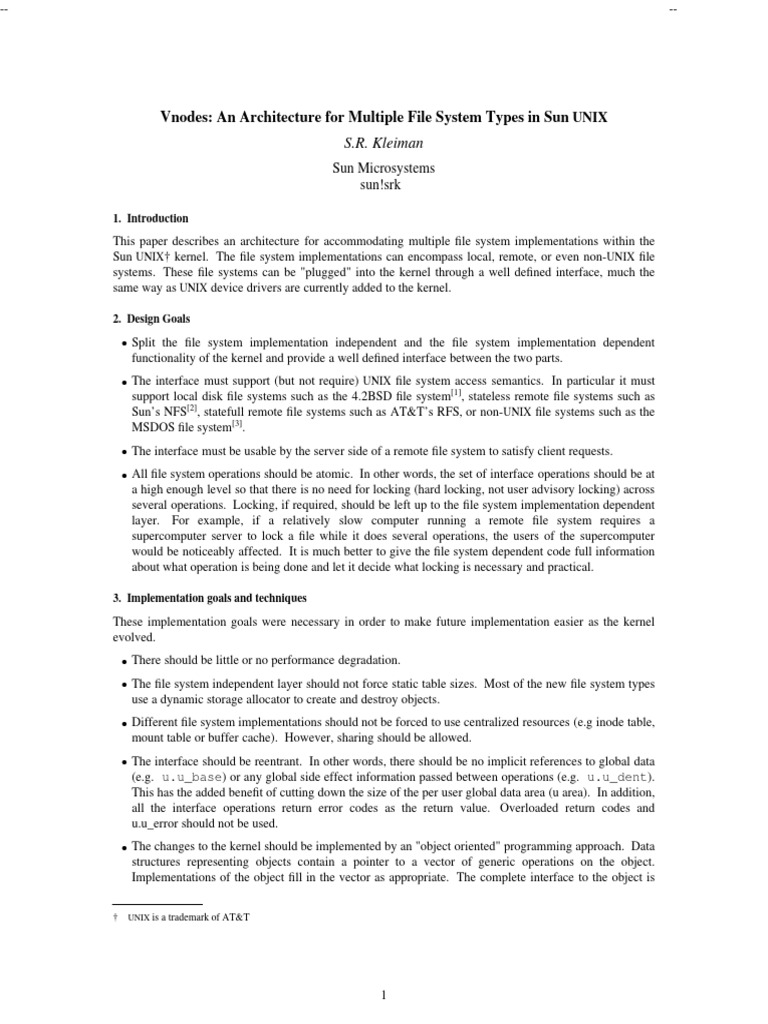 Vnodes Architecture for Sun UNIX Systems | PDF | File System | Computer ...